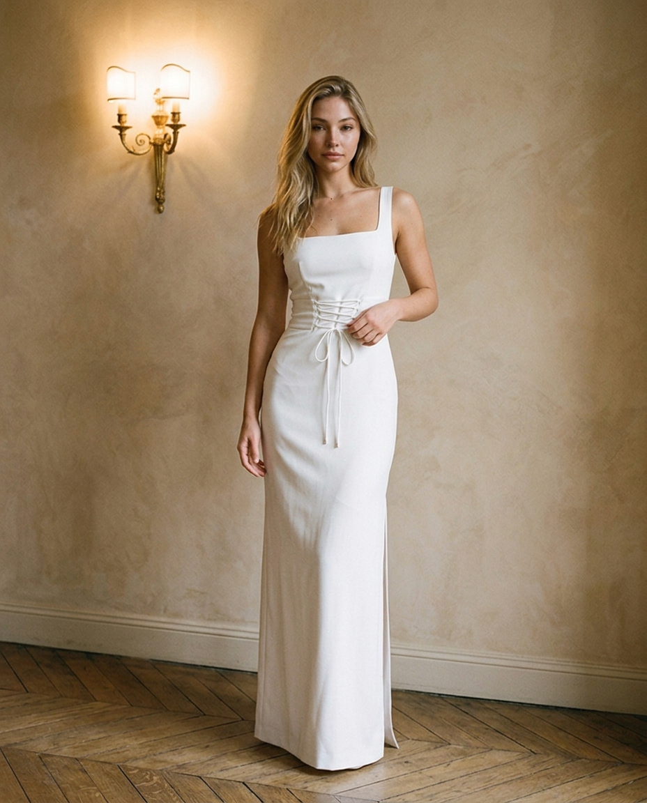 Robe Tubéreuse blanche portée en décor parisien | Meyvra [blanc]